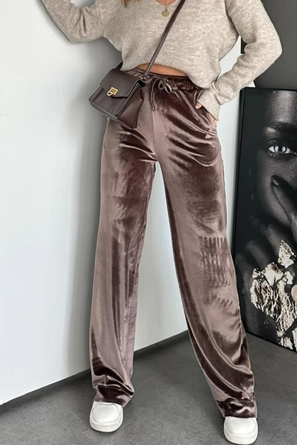 Goat Shiny Velvet Drawstring High Waist Straight Leg Casual Pants