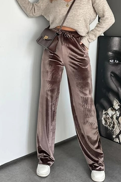 Goat Shiny Velvet Drawstring High Waist Straight Leg Casual Pants