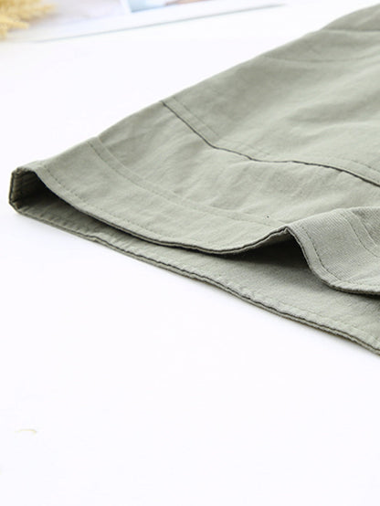 Green Cotton High Waist Loose Fit Shorts with Drawstring Waistband