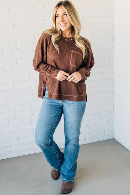 Coffee Thermal Textured Exposed Seam Patchwork Loose Long Sleeve Top