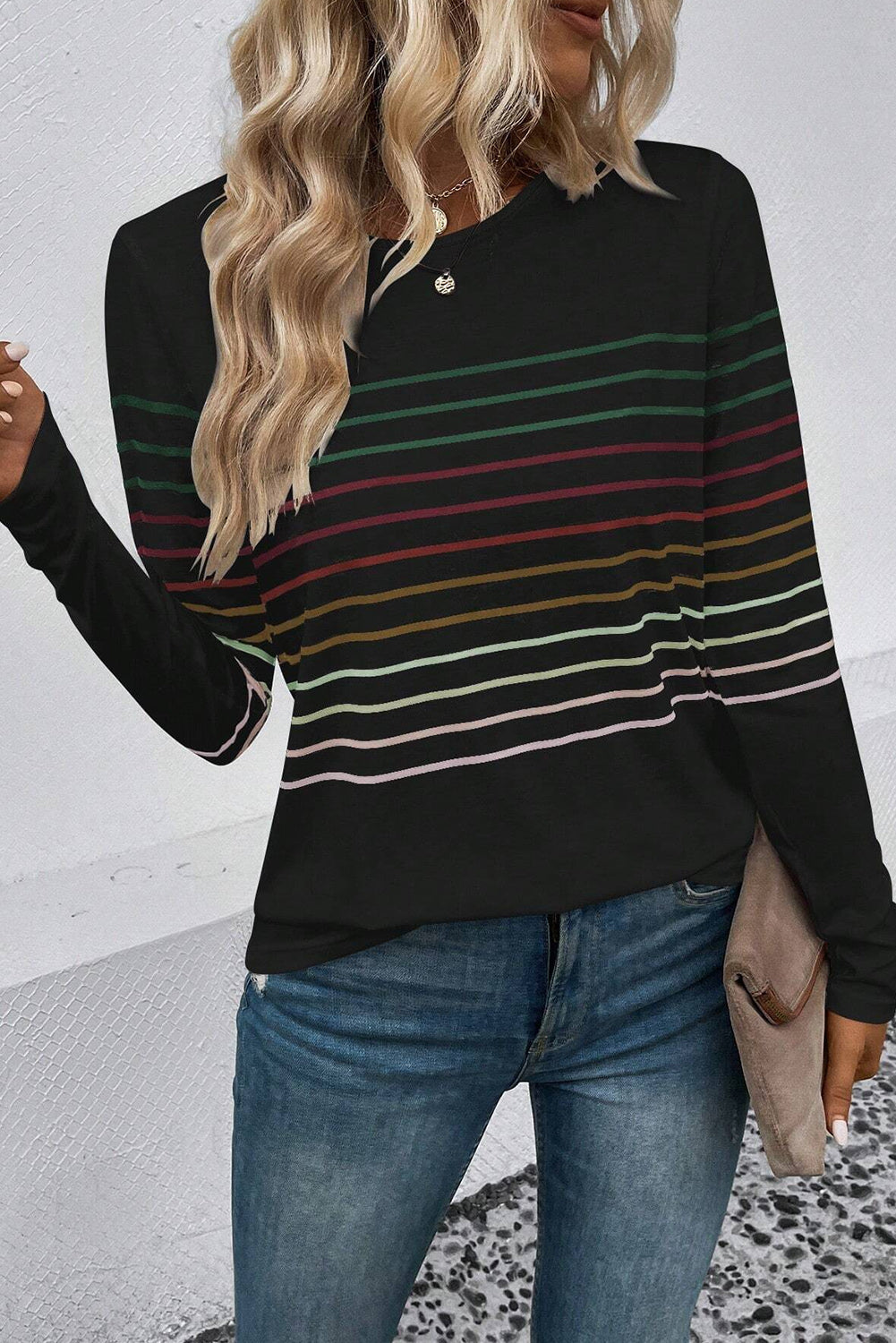 Black Colorful Striped Round Neck Long Sleeve Top