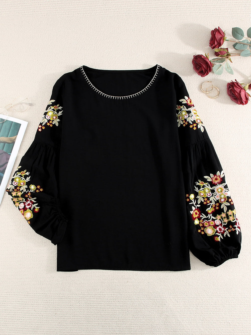 Elegant Floral Embroidered Black Top