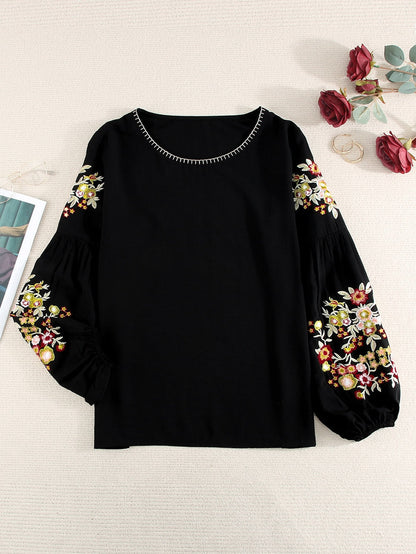 Elegant Floral Embroidered Black Top