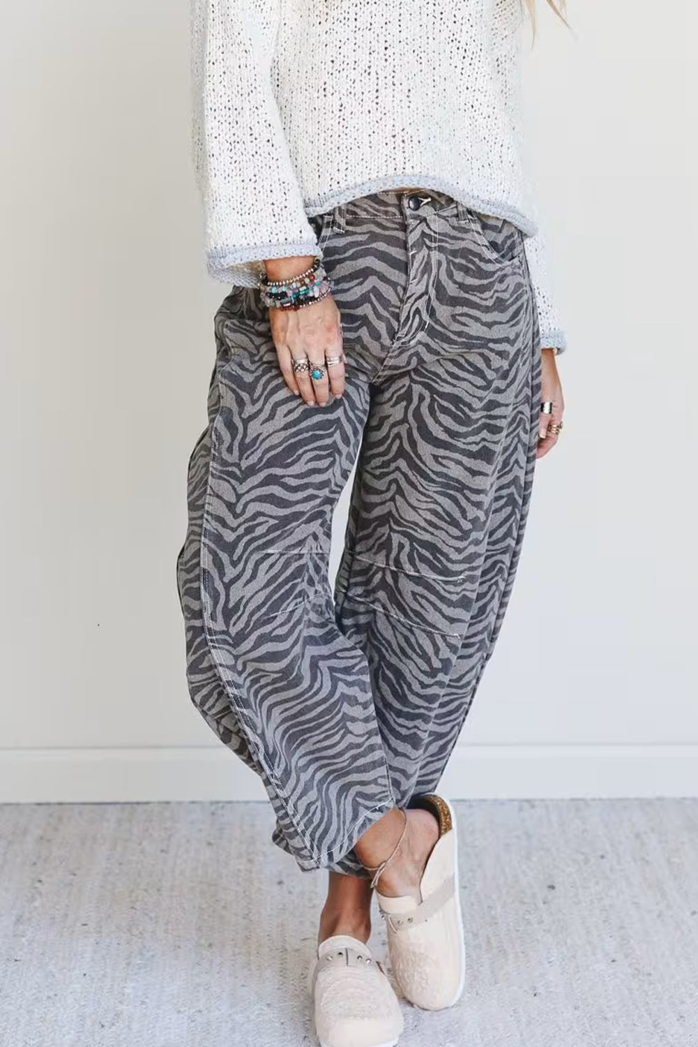 Gray Zebra Stripe Printed Wide Leg Jeans
