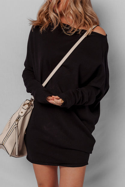 Black Asymmetric Neck Batwing Sleeve Shift Mini Sweater Dress