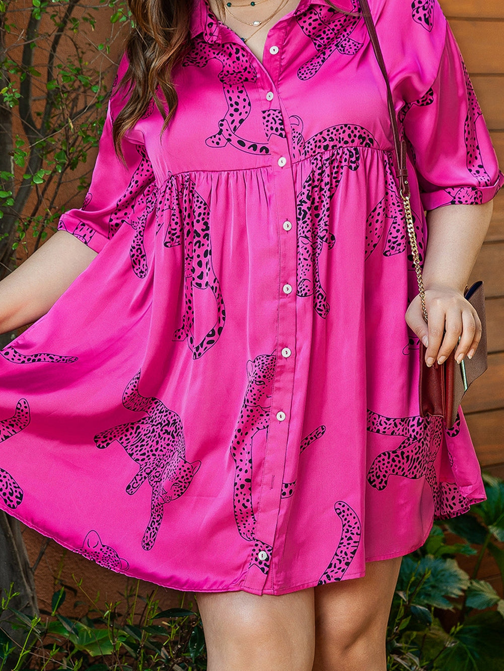 Rose Cheetah Print Half Sleeve Buttoned Plus Size Mini Dress