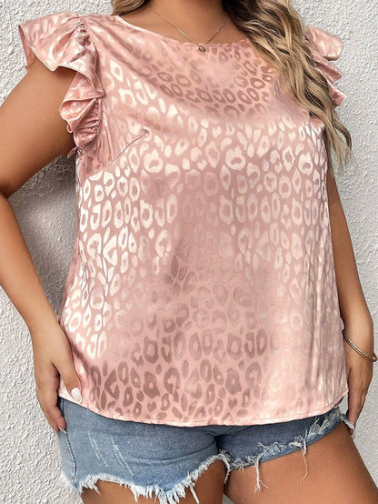 Pink Plus Size Leopard Print Ruffled Flutter Sleeve Satin Blouse