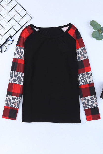 Elegant Black Off Shoulder Plaid & Leopard Long Sleeve Blouse
