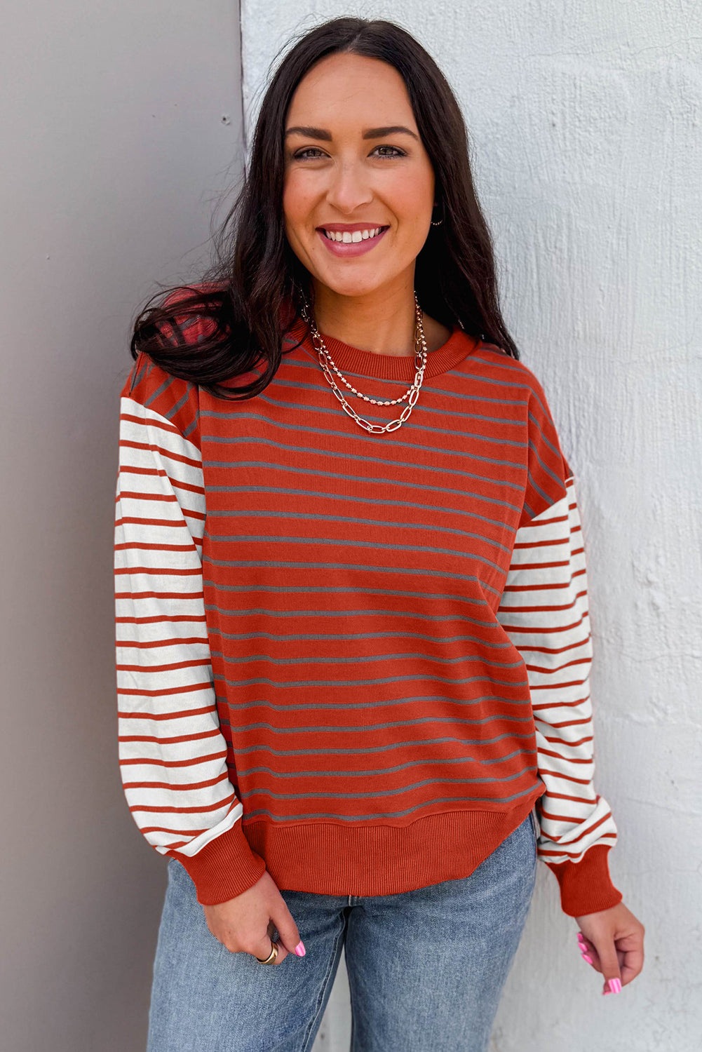 Orange Stripe Contrast Sleeve Patchwork Drop Shoulder Long Sleeve Top