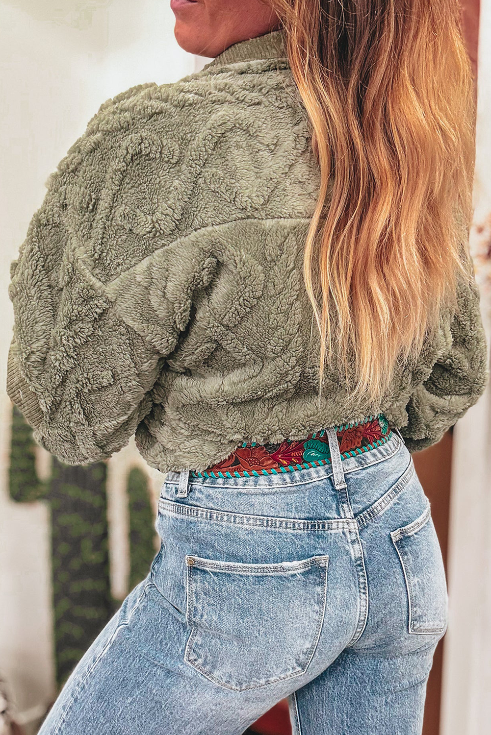 Laurel Green Textured Plush Half Zip Stand Neck Sweatshirt