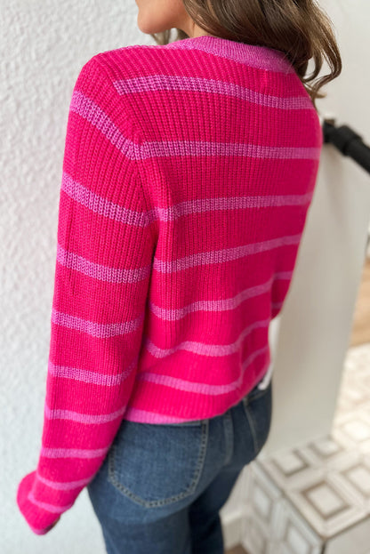 Rose Stripe Double Patch Pocket Button Front Sweater Cardigan