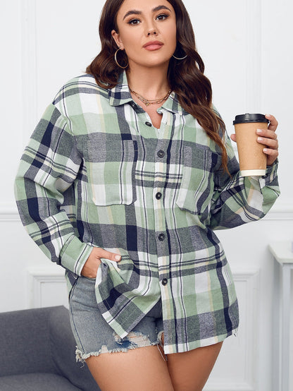 Green Printed Plus Size Chest Pocket Plaid Shirt