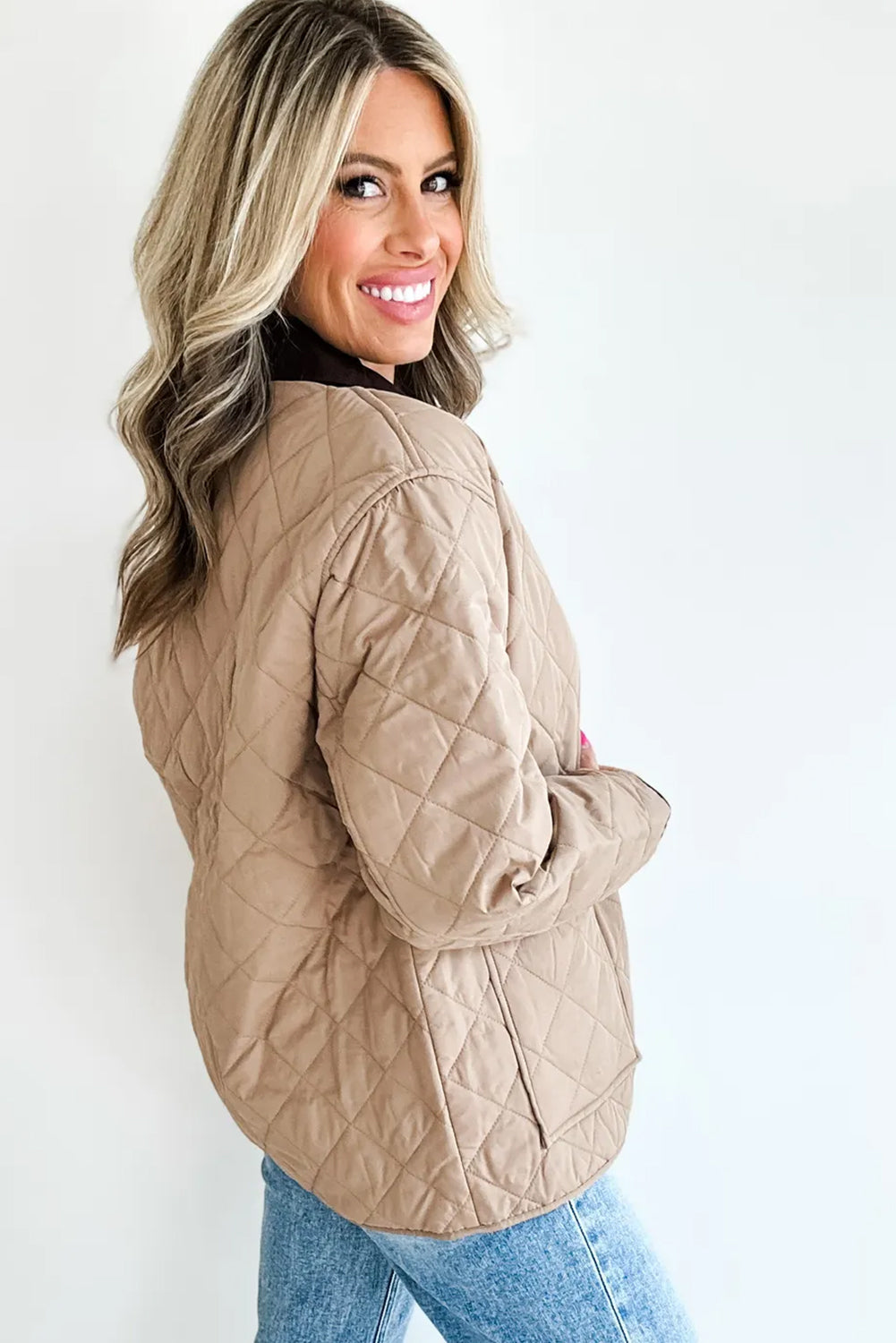 Parchment Snap Button Quilted Color Block Collar Pocketed Winter Jacket