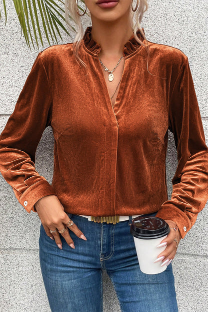 Golden Flame Frill-Collared Velvet Blouse