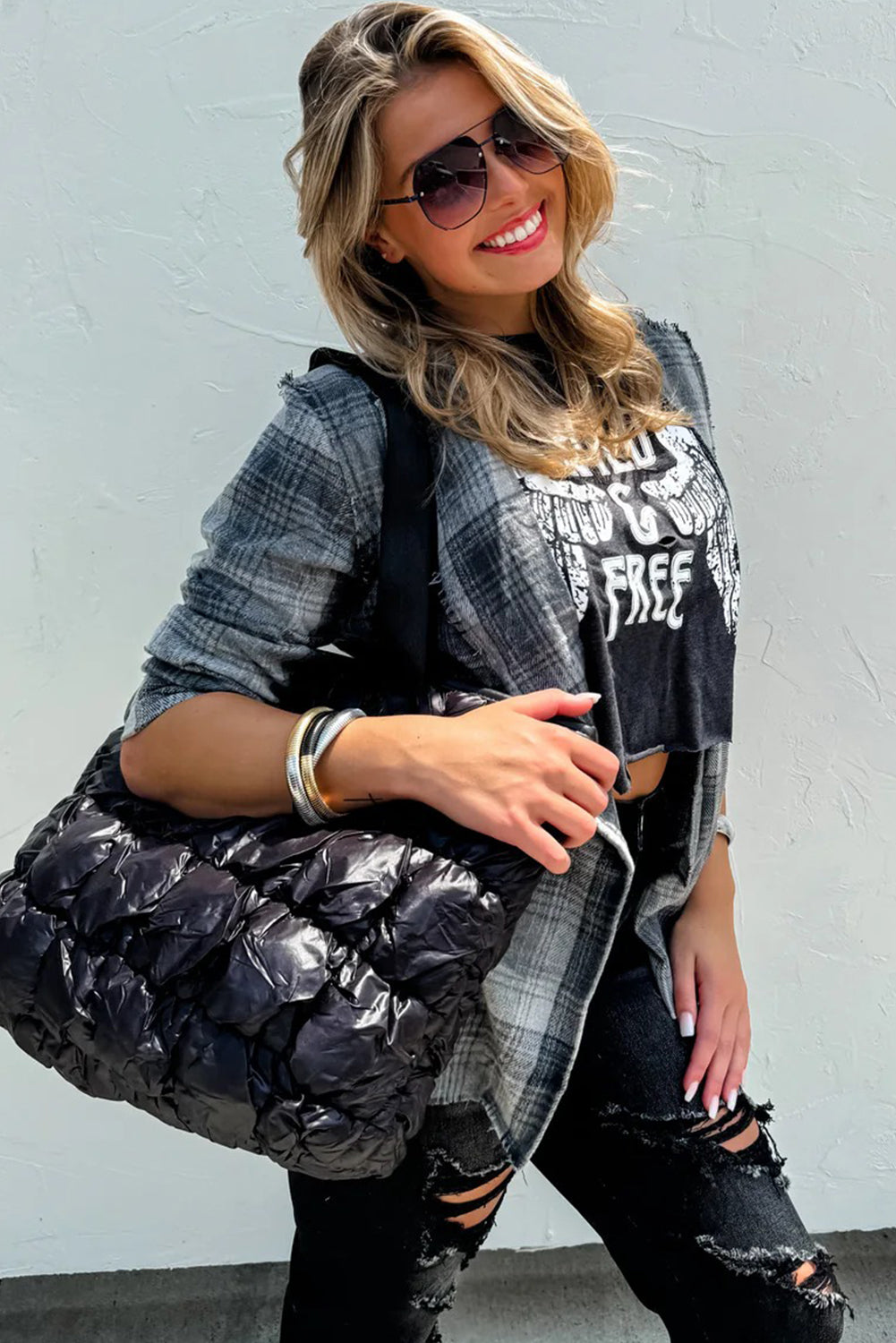 Gray Raw Edge Plaid Open Front Shacket