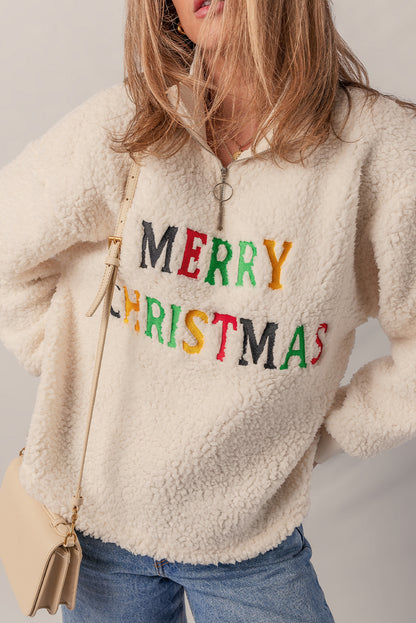 Jet Stream MERRY CHRISTMAS Colorful Letter Embroidery Quarter Zip Sherpa Sweatshirt