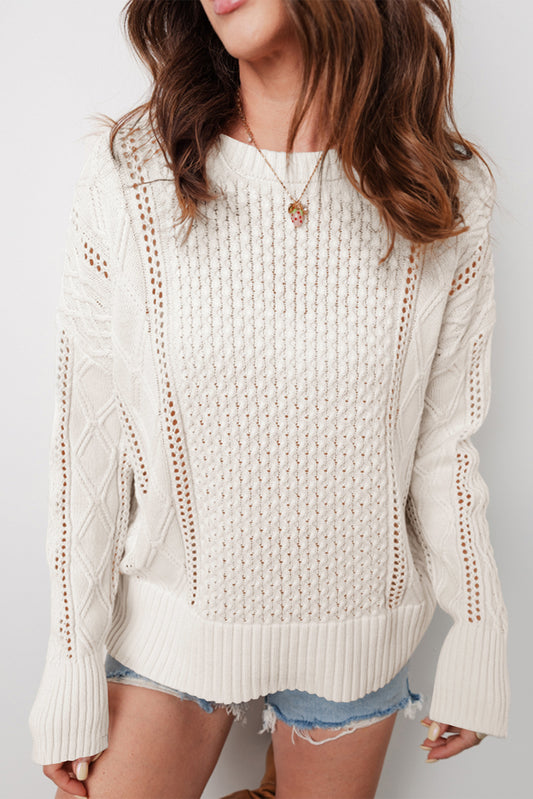 White Mix Texture Knit Eyelet Detail Casual Sweater