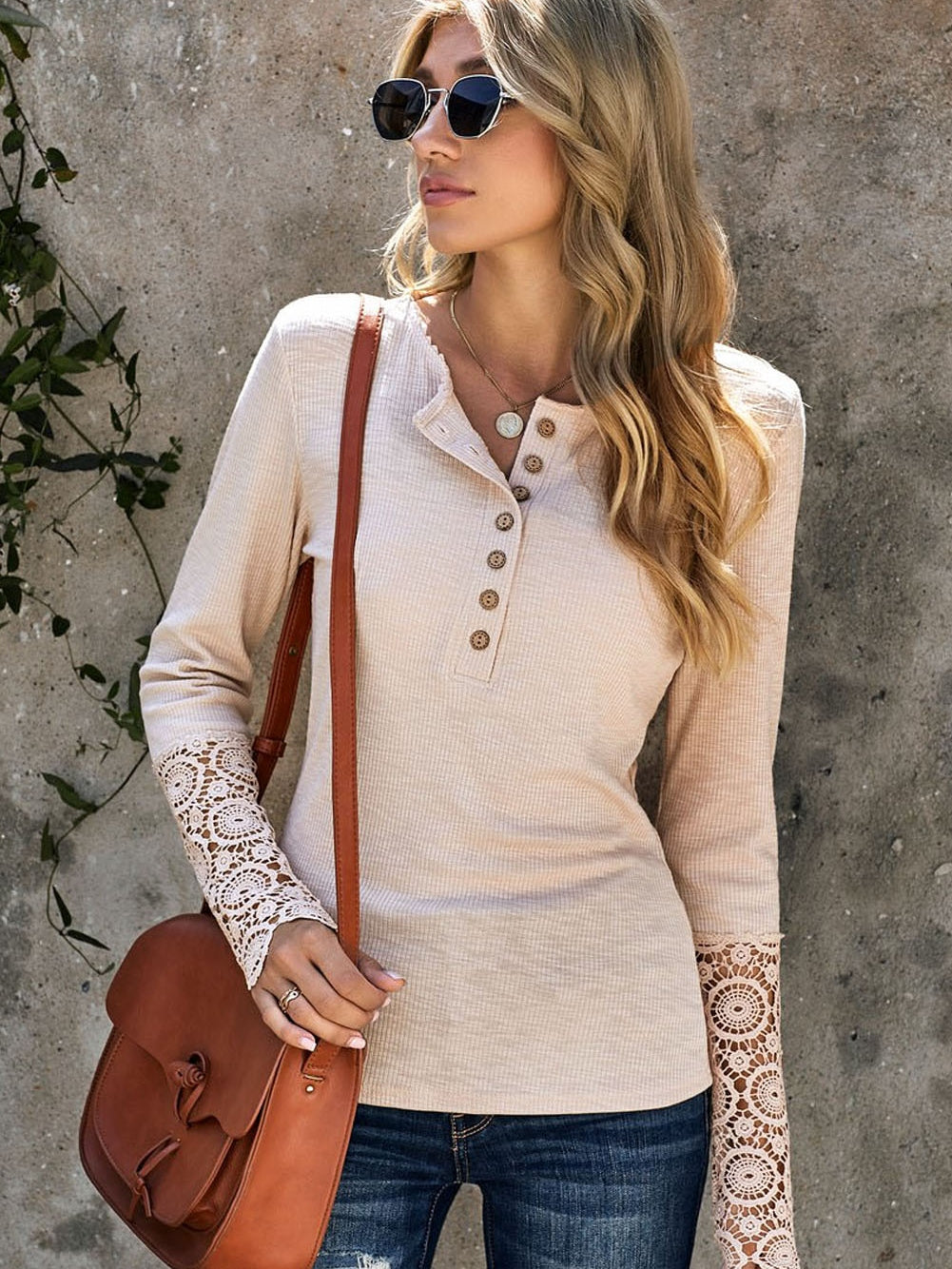 Beige Crochet Lace Sleeve Button Detail Top