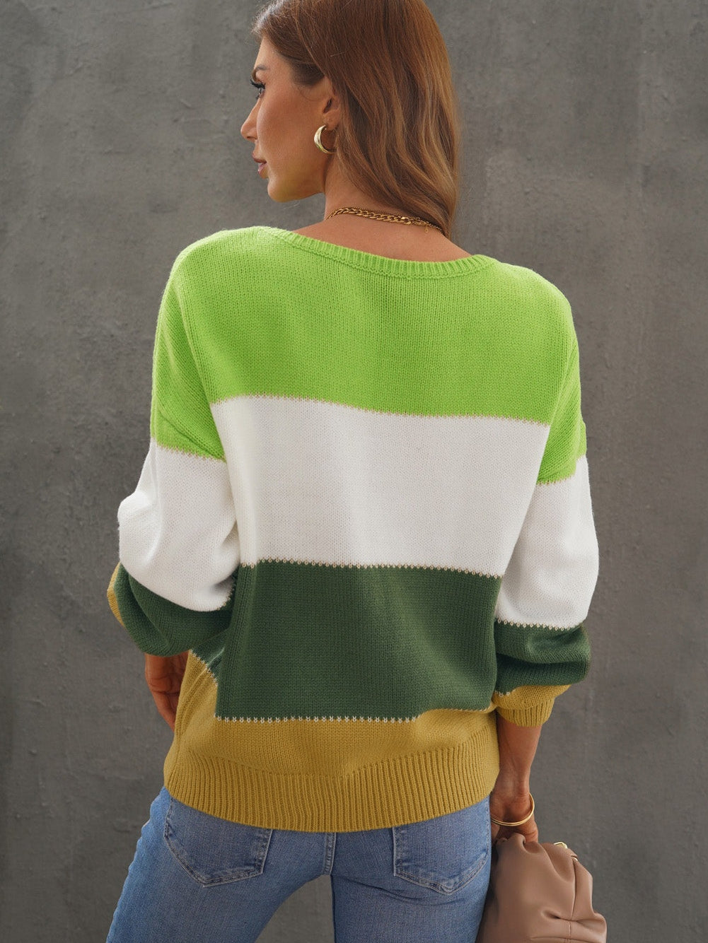 Green Color Block Winter Sweater - Stylish Pullover for Women