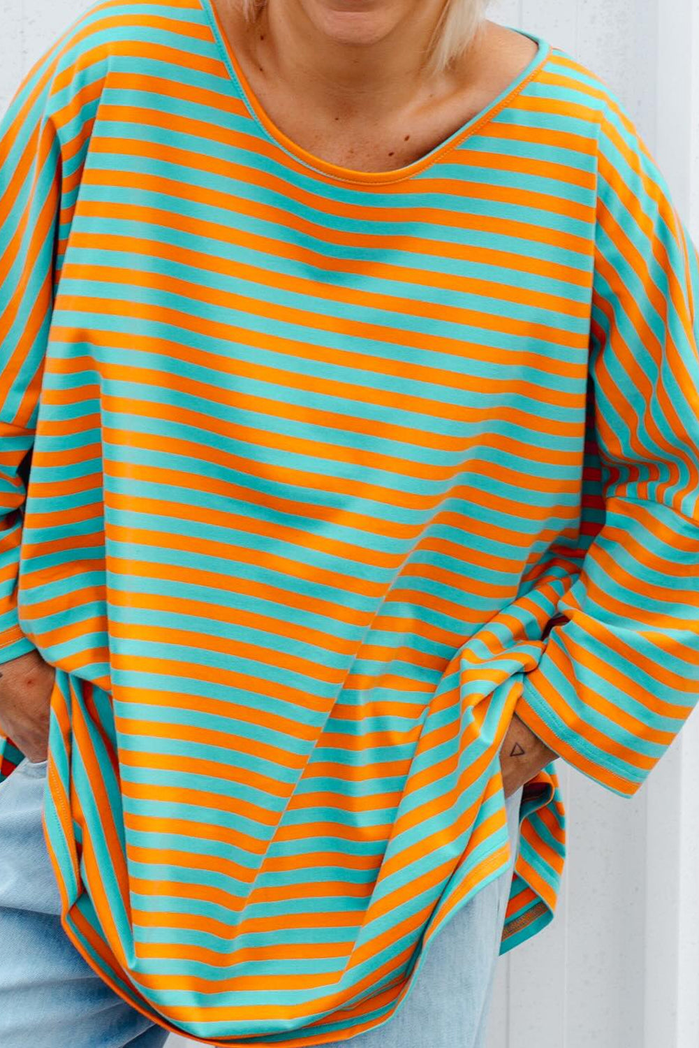 Orange Stripe Plus Size Round Neck Drop Shoulder Oversize Top