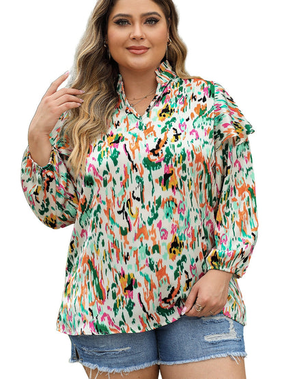 Colorful Abstract Printed Flowy V-Neck Plus Size Top