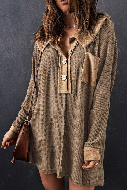 Brown Waffle Knit Buttoned Long Sleeve Top