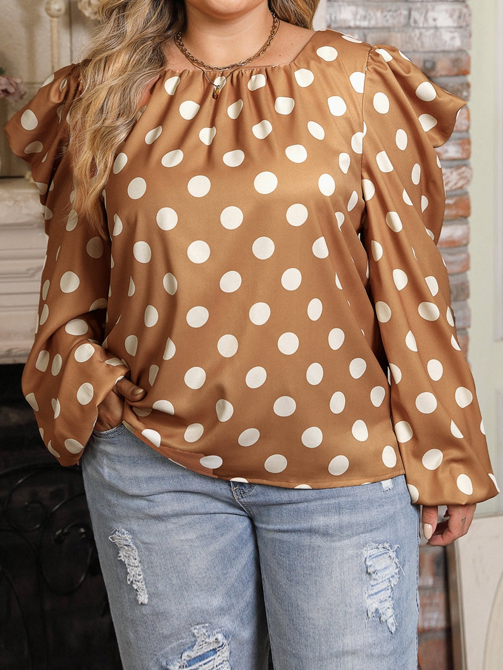 Khaki Polka Dot Ruched Neckline Puff Sleeve Blouse for Curvy Fashionistas