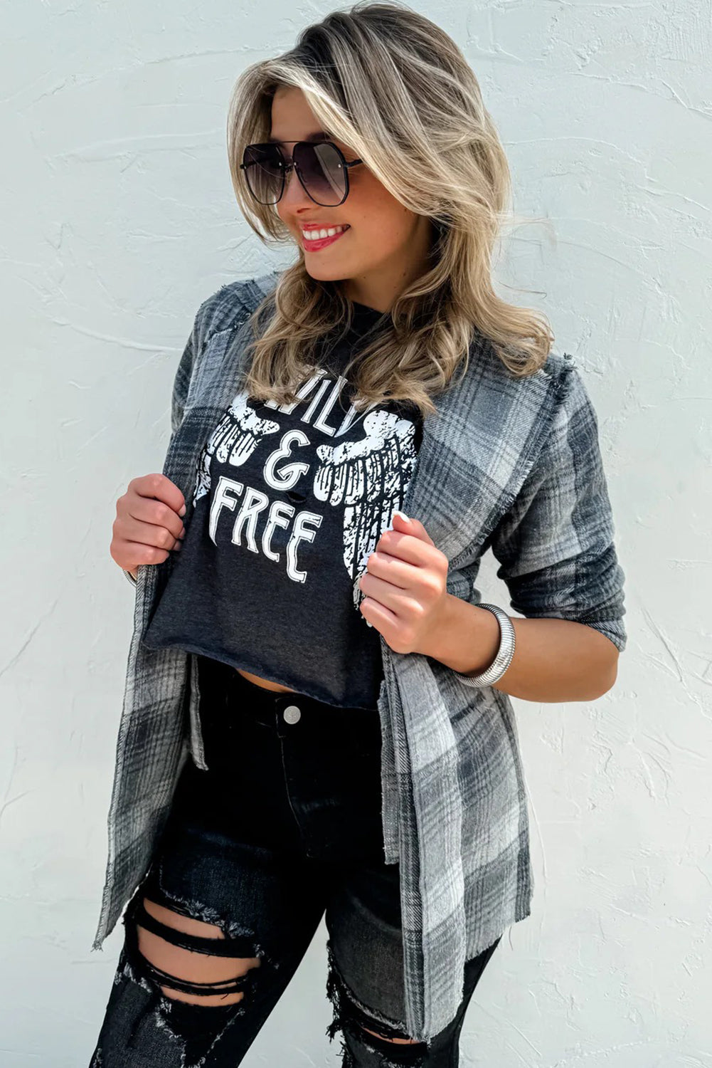 Gray Raw Edge Plaid Open Front Shacket