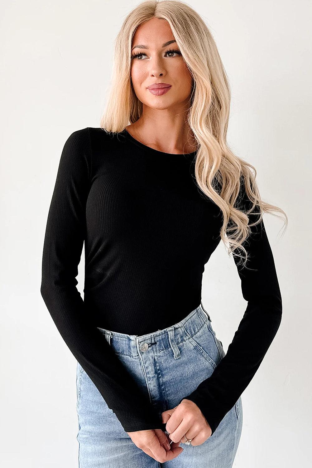 Black Ribbed Long Sleeve Crew Neck Solid Color Bodysuit