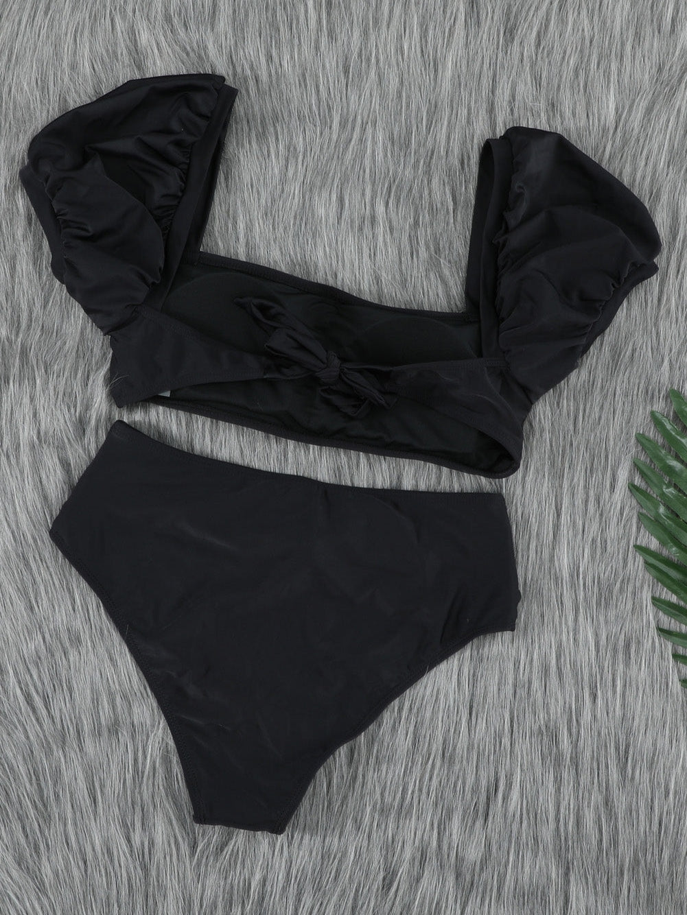 French Romance Black High Waisted Bikini with Puff Sleeves