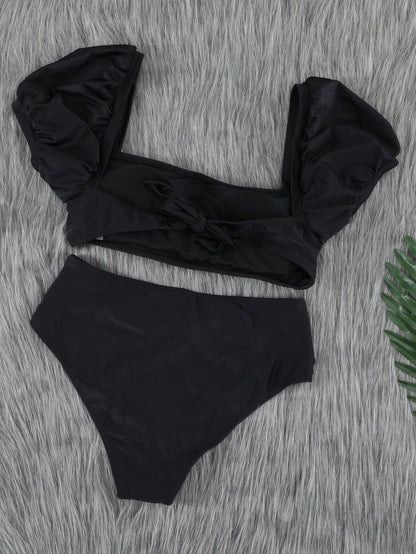 French Romance Black High Waisted Bikini with Puff Sleeves