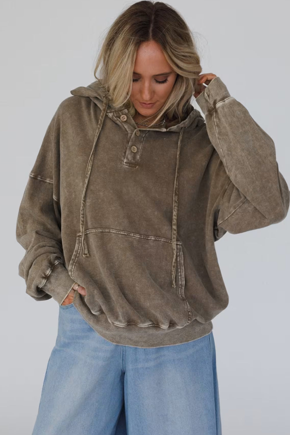 Dark Brown Mineral Wash Button Drawstring Neck Hooded Sweatshirt