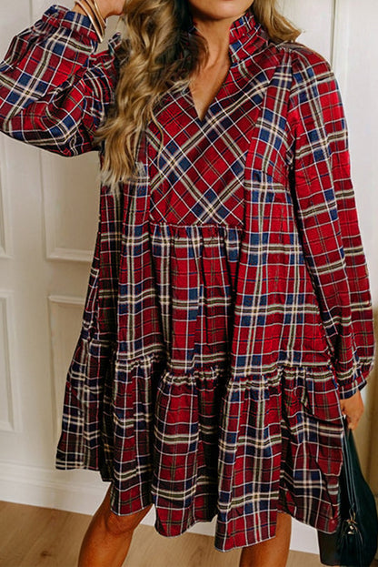 Red Plaid Print Frilly Collar Long Sleeve Shift Mini Dress