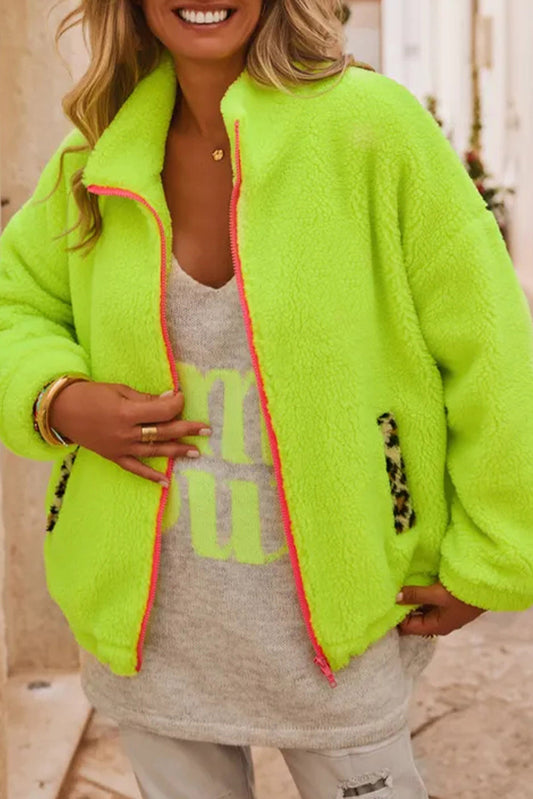 Pear Green Fuzzy Contrast Trim Full Zip Sherpa Jacket with Pockets