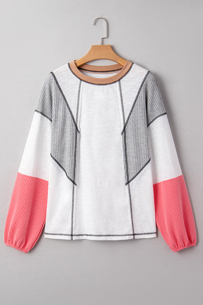 White Contrast Block Mixed Textured Knit Patchwork Casual Top