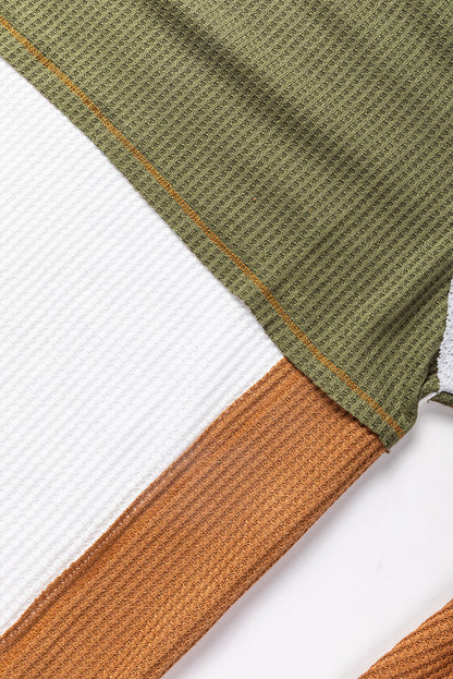 Green Block Patchwork Long Sleeve Waffle Knit Top