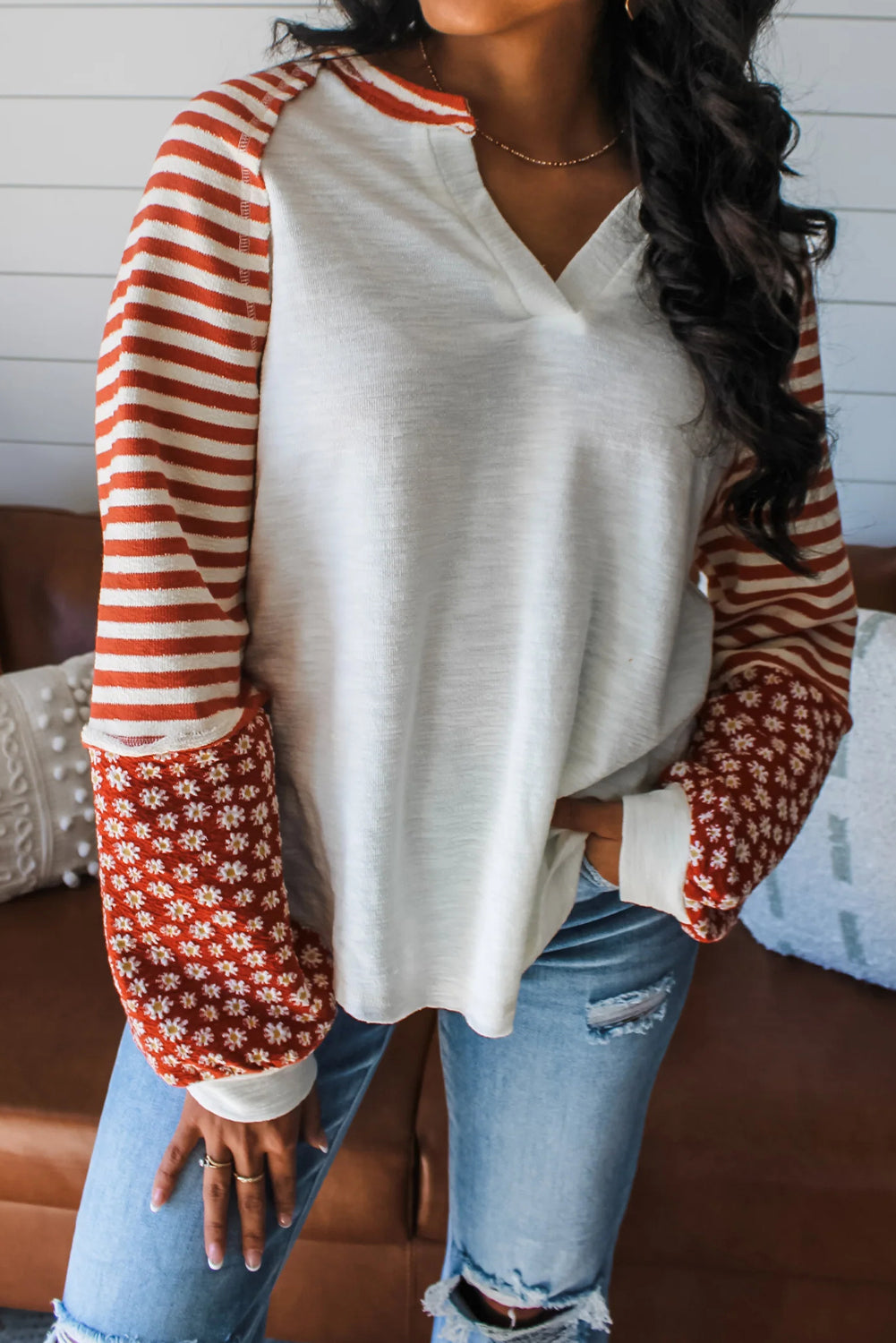 White Color Block Patchwork Striped Floral Long Sleeve Top