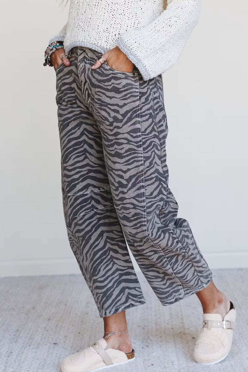 Gray Zebra Stripe Printed Wide Leg Jeans