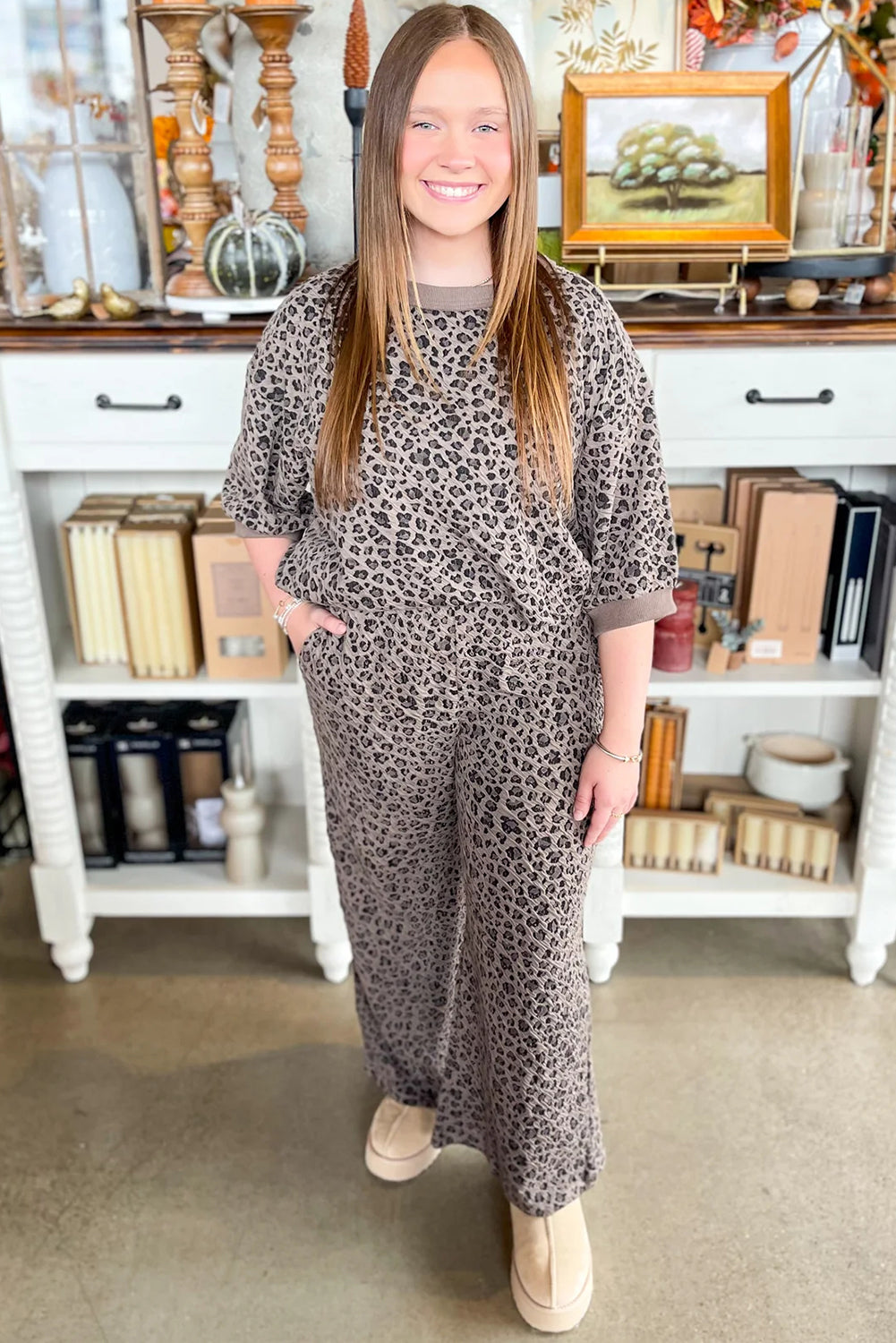 Khaki Leopard Ribbed Patchwork Long Sleeve Pullover Wide Leg Pant Set