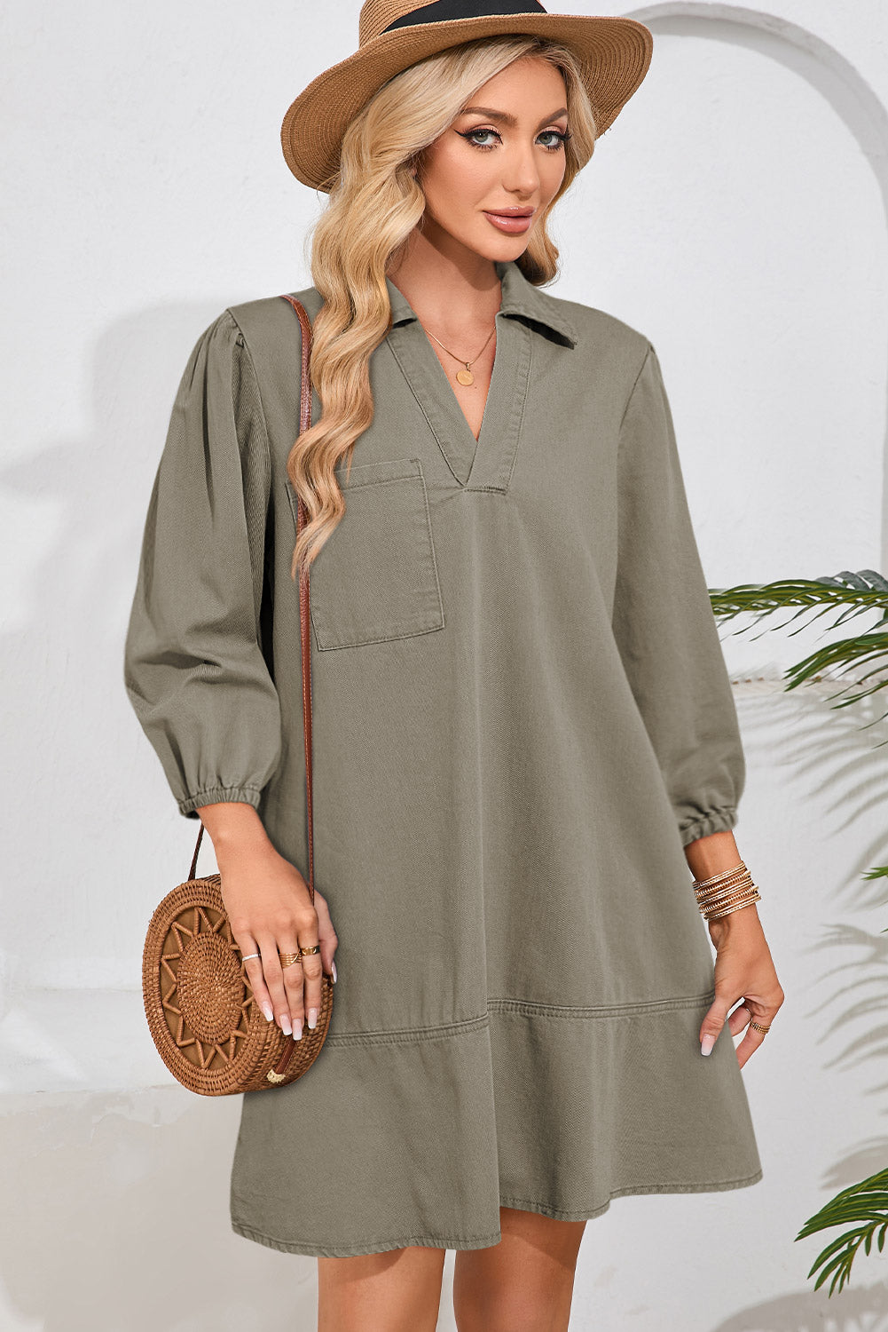 Vineyard Green V Neck Collared Single Chest Pocket Long Sleeve Denim Dress
