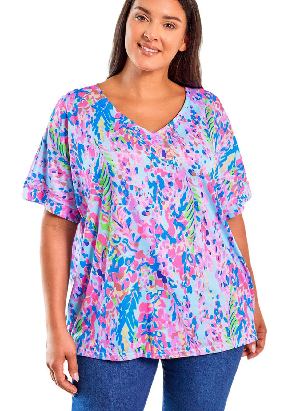Sky Blue Floral Print Ruffle Sleeve Plus Size V Neck Top