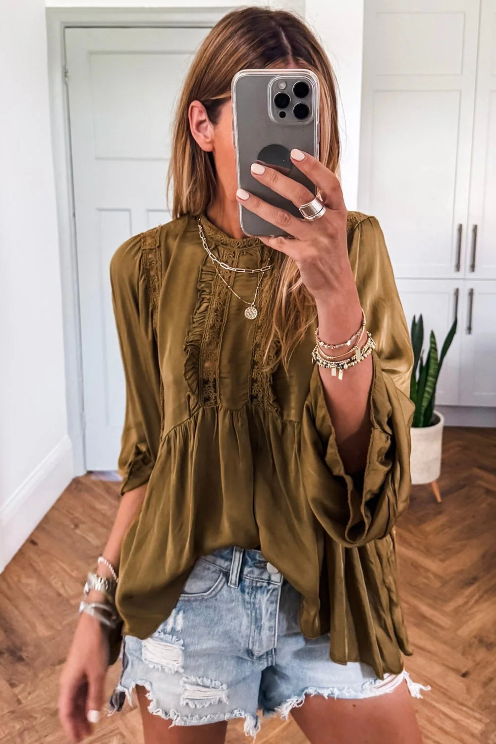 Jungle Green Silky Round Neck Lace Frilled Detail Long Sleeve Blouse