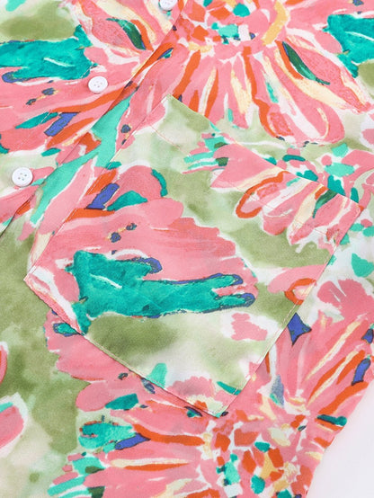 Green Abstract Floral Print Collared Sheath Blouse with Long Sleeves