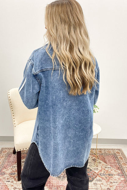 Myosotis Varsity Striped Detail Button Down Loose Denim Jacket