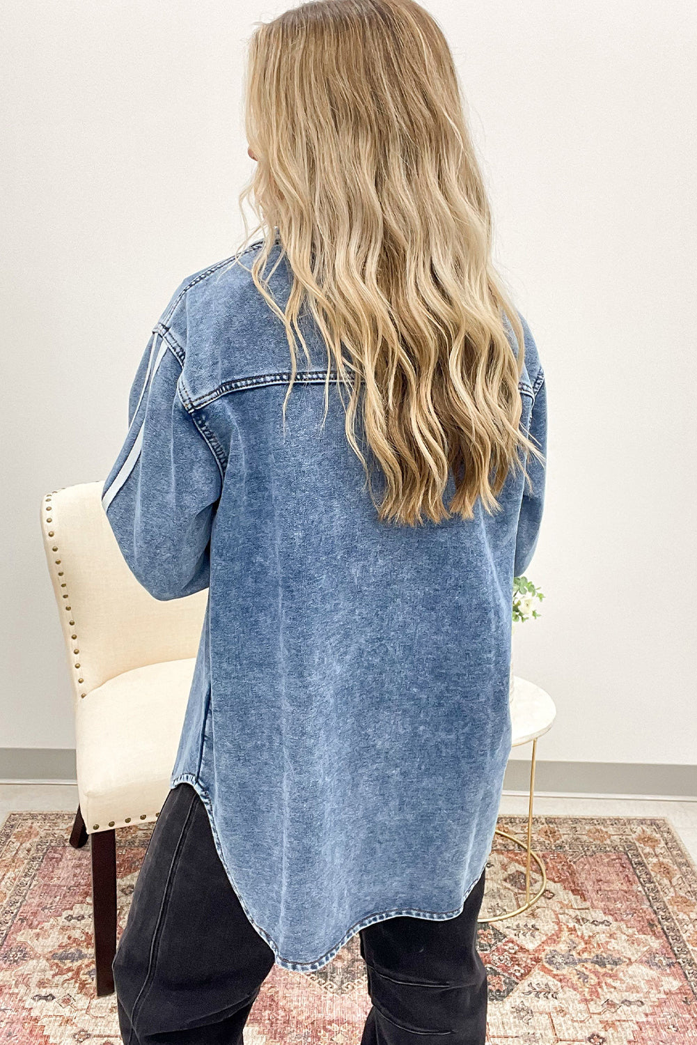 Myosotis Varsity Striped Detail Button Down Loose Denim Jacket