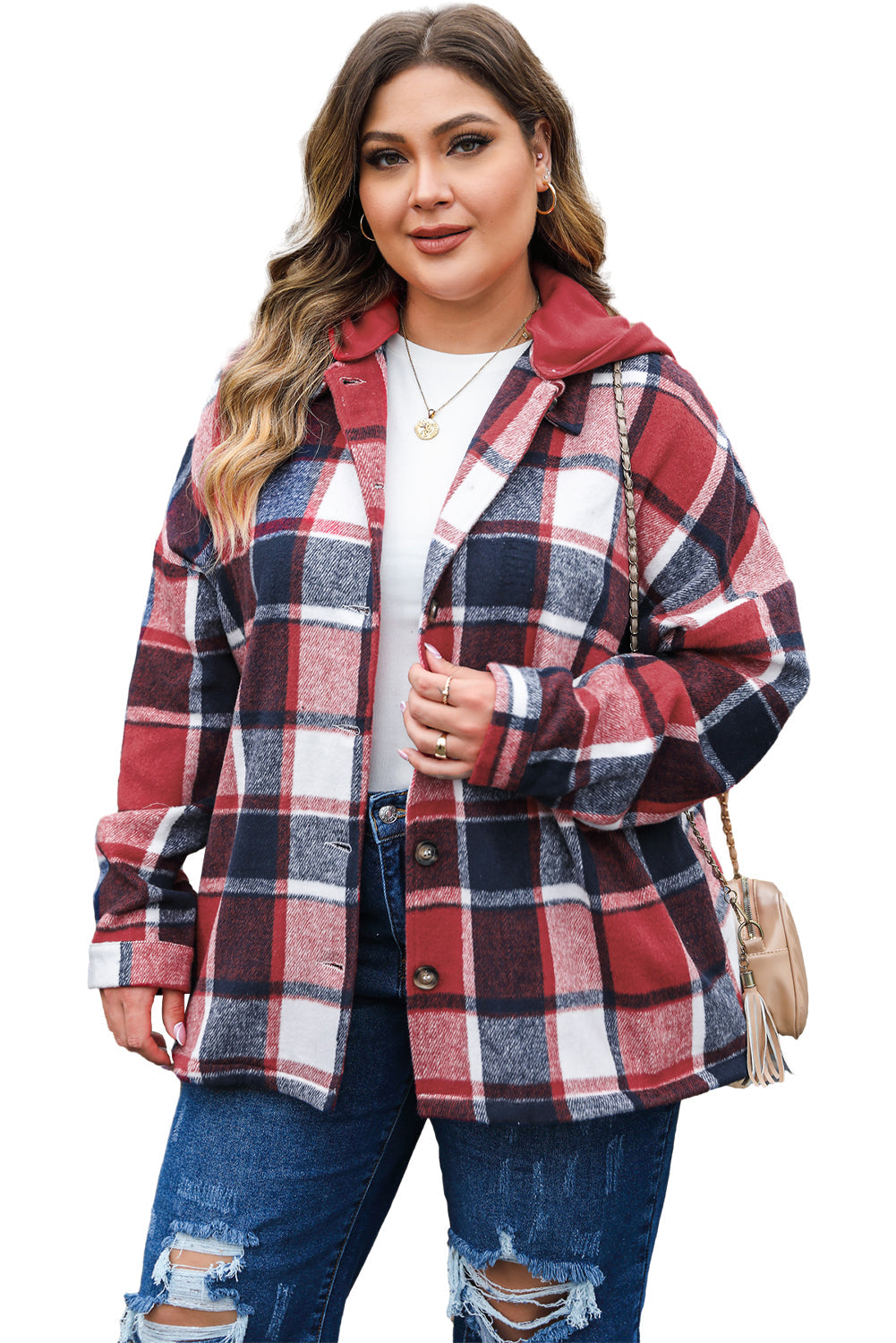 Red Plaid Hooded Jacket for Plus Size Women