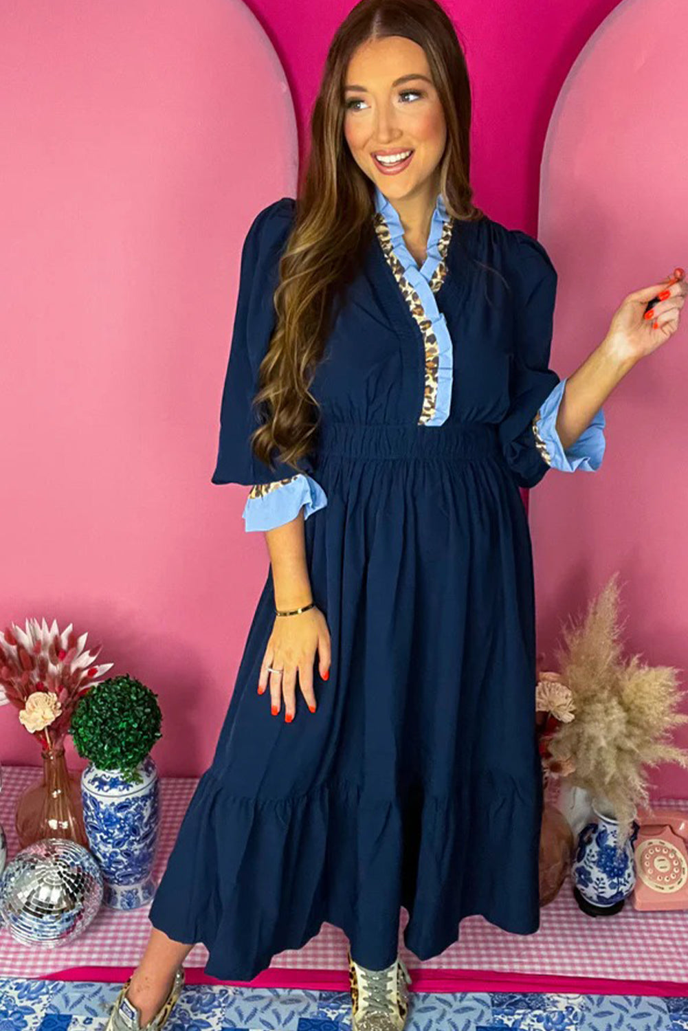 Navy Blue Contrast Frilled Trim V Neck 3/4 Ruffled Sleeve Flowy Midi Dress