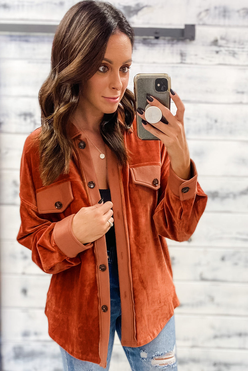 Gold Flame Velvet Flap Pockets Drop Shoulder Casual Shacket