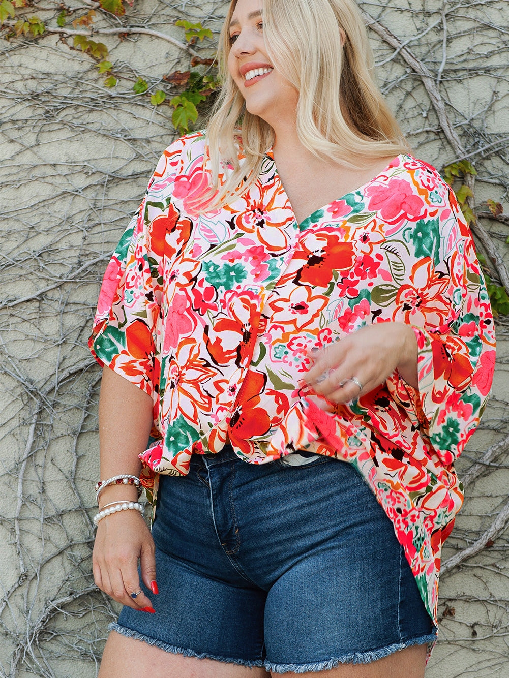 Floral Print Rose Kimono Sleeve Plus Size Blouse