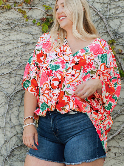 Floral Print Rose Kimono Sleeve Plus Size Blouse